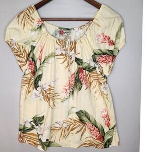 Hilo Hattie‎ Hawaiian Shirt Women's Small Ivory Floral Rayon Short Sleeve